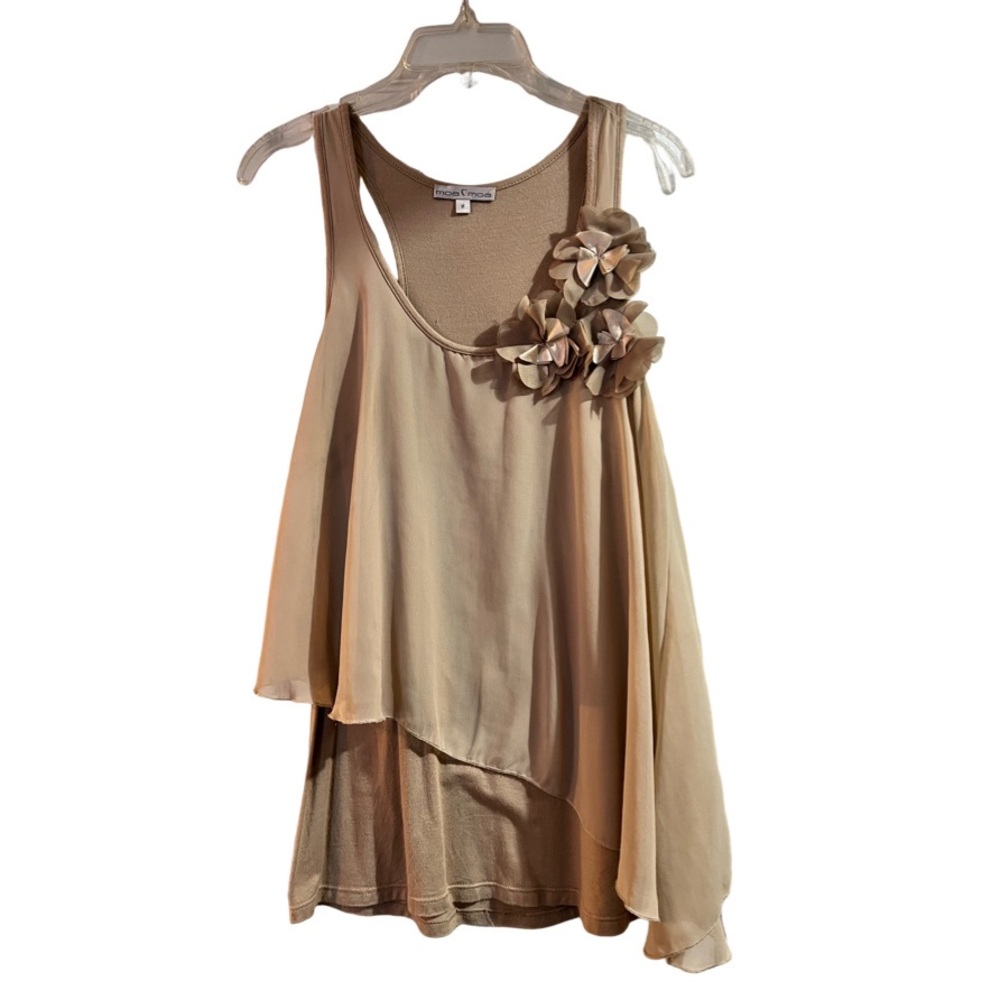 Moa Moa Taupe Sleeveless Layered Tank Top 3D Floral Shoulder Accent Size Medium